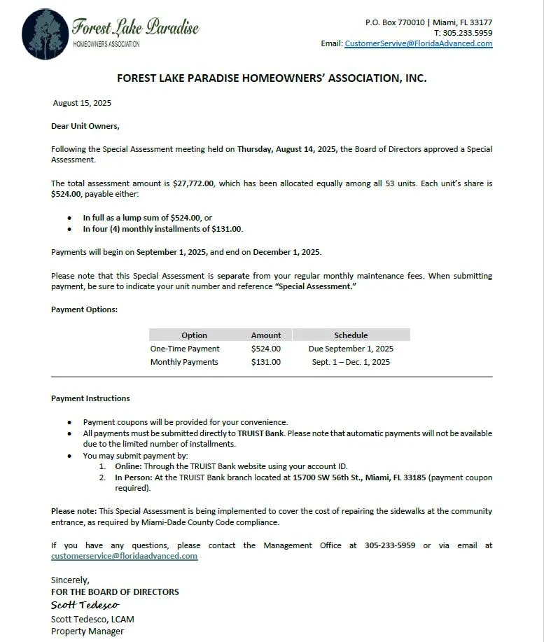 Special Assessment Billing Notice 